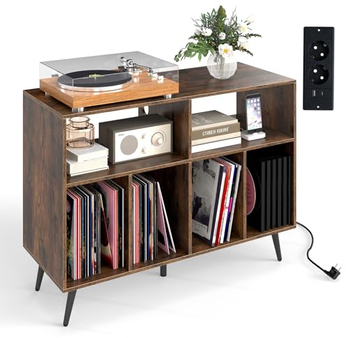 GOPLUS Meuble Vinyle à 3 Niveaux pour Disques Vinyles, 100 x 40 x 74,5 CM, Meuble Platine Vinyle avec 4 Compartiment, Support Tourne-disque, Station de Charge Prises USB & Type-C, pour Salon et Bureau