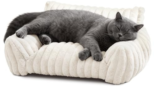 DOLLGIFT Cat Sofa Beds for indoor Cats - 60x45cm, Cat Couch with Removable Machine Washable Cover, Fluffy Faux Rabbit Fur Pet Sofa for Cats Small Dog Puppy Kitten, White S