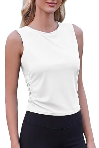 PINSPARK Canotta sportiva da donna a coste, senza cuciture, senza maniche, leggera, per fitness, yoga, estiva, bianco, S