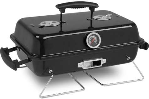 Outopee Portable Charcoal Grill, Tabletop Outdoor Barbecue Smoker, Small Folding BBQ Grill with Lid, Thermometer, Stainless Steel Legs for Camping Garden Party Picnic Cooking, Black