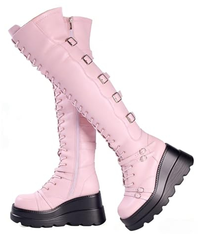 Gothniero Pink Knee high Boots Platform Overknee Buckle Boots Chunky Heel Thigh High Comfy Rave Motorcycle Booties with size zip lace Size 3UK-8UK/EU35-EU42