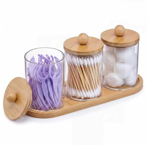 3 Stück Wattestäbchen Behälter mit Bambusdeckel und Tablett - Wattepadspender - Wattestäbchen Halter - Wattepads Aufbewahrung Badezimmer Set für Ohrenstäbchen Zahnseide Haarspangen (Wattepadspender)