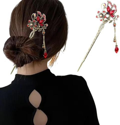Horquilla china para el pelo, palillos chinos para el pelo, horquilla de estilo tradicional con mariposa de diamantes de imitación, palillos retro de 5, 9 pulgadas para mujeres y niñas