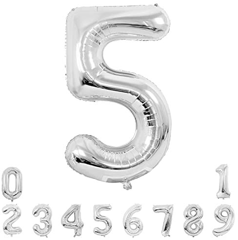 Unisun Number Balloons, 40inch Large Silver Number 5 Foil Mylar Helium Balloons for Birthday Party Celebration Decoration