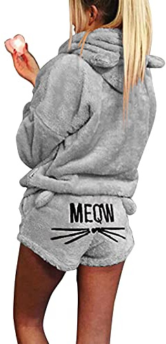 Pigiama da donna con ricamo a forma di gatto, 2 pezzi, invernale, carino, con cappuccio, orecchie di gatto, accappatoio a maniche lunghe, pantaloncini in pile