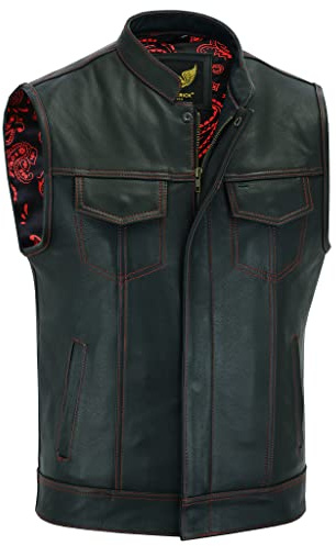 Leatherick Groove Club svart läderväst för män – traditionell paisley satin foder med svarta sömmar, svart