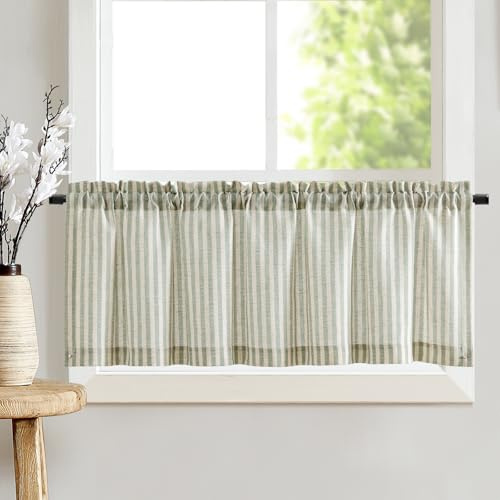 TOPICK - Tendine corte a righe, in lino, coprenti, per cucina, sala da pranzo, bagno e piccole finestre, 1 pezzo, 125 x 40 cm (larghezza x altezza), verde su beige