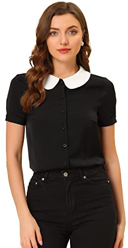 Allegra K Women Chiffon Peter Pan Collar Contrast Collar Blouse | Button front closure. Suitable for office, business, meeting, dating. Summer wear for many occasions.