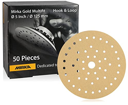 Mirka Gold Multifit 5'' Sandpaper Grit 320 Hook and Loop, 50 Pack 5 inch Sanding Discs for Orbital Sander, Sand Paper Pads for Wood, Drywall, Metal