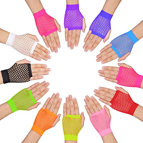 Mabor 12 Paar Fischnetz-Handschuhe, fingerlose Neon-Handschuhe, für 80er-Jahre-Party-Kostümzubehör (12 Paar, mehrfarbig, 8,9 x 8,1 cm), 12Farben, Einheitsgröße