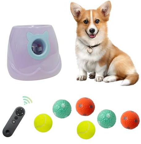 ptlsy Automatischer Hundeballwerfer, interaktiver Welpen-Haustierball, Indoor-Wurfmaschine für kleine und mittelgroße Hunde, 3 Bälle enthalten (5,1 cm) (lila, Fernbedienung)