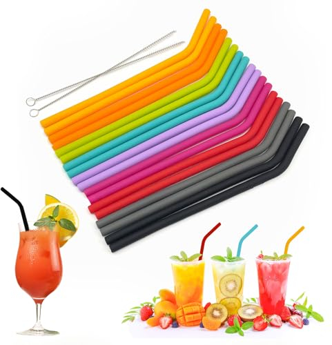 TSHAOUN 18 Pièces Pailles en Silicone Réutilisable, Adulte Enfants Coloré Courbées les Boissons Froides Pailles à Boire Sûr et écologique, à Boire avec 2 Brosses de Nettoyage
