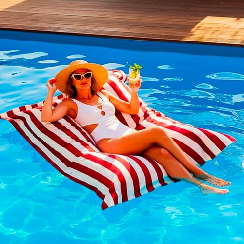 LIVEDECO - Pouf Géant XXL Déhoussable, Flottant pour Piscine, Rouge Rayé Deauville Pool BiG52