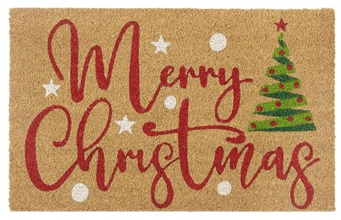 Hanse Home Paillasson en Coco - Antidérapant - Naturel - pour l'intérieur - Motif : Merry Christmas Tree - en Fibre de Coco - pour entrée et extérieur Couvert - 40 x 70 cm
