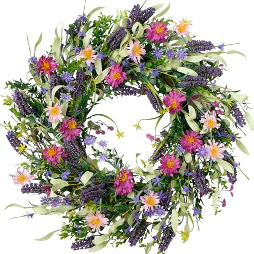 22 Inch Spring Summer Flower Wreaths for Front Door, Artificial Colorful Floral Door Wreaths with Lavender Daisies Green Leaves Farmhouse for Inside Outside Home Window Weeding Decor