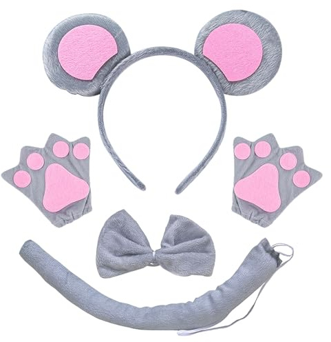 TSHAOUN Set di 4 pezzi per costume da animale con orecchie da topo, fascia grigia, orecchie, coda, papillon, guanti, set di vestire, per feste di compleanno, carnevale, cosplay, Natale, accessori