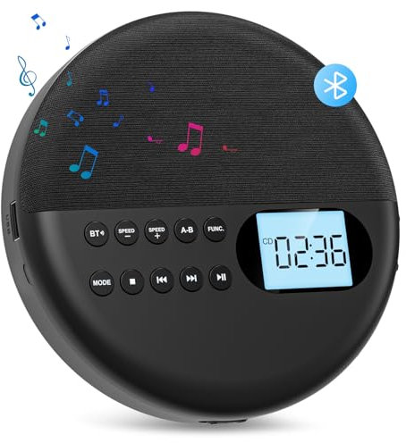 Gueray CD Player Tragbar mit Bluetooth Tragbarer CD Player mit Lautsprecher Integrierte 1500mAh Akku Unterstützung für USB mit 3,5 mm AUX-Kabel für Kinder Hörbücher Musikhören