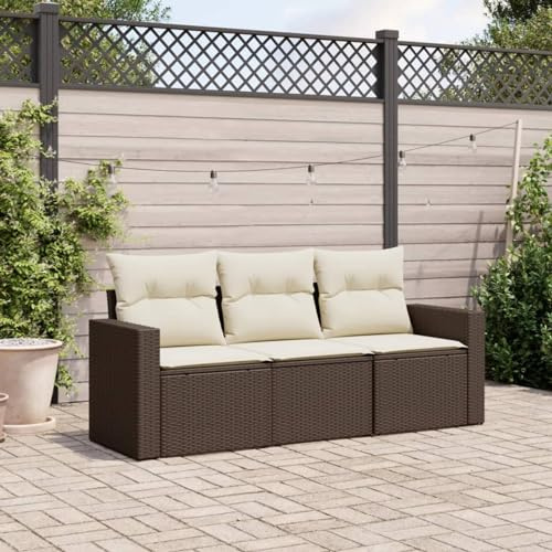IKAYAA Muebles Jardin Exterior de Ratán, Muebles de Jardín, Sofá para Jardín, Sofa Terraza 3 pzas, Sofa Exterior de Ratán, Conjunto Terraza con Cojines Marrón y Crema Type-7