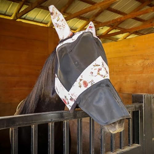 Jeffers Deluxe Mesh Horse Fly Mask w/Ears & Nose, Full Size – Breathable, Soft Mesh Ears & Poll, Extended Nose Coverage, Fleece Trim, Stretch Fit, Hook & Loop Closure, UV Protection - Rose Garden