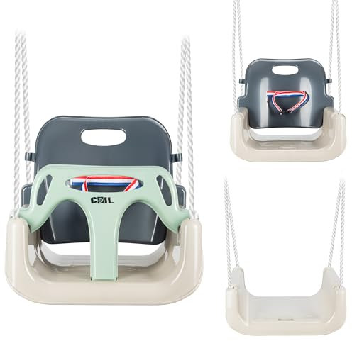 COIL Altalena 3 in 1 regolabile e con seggiolino a dondolo in crescita, per neonati e bambini, con schienale e cintura, portata fino a 60 kg (oliva)