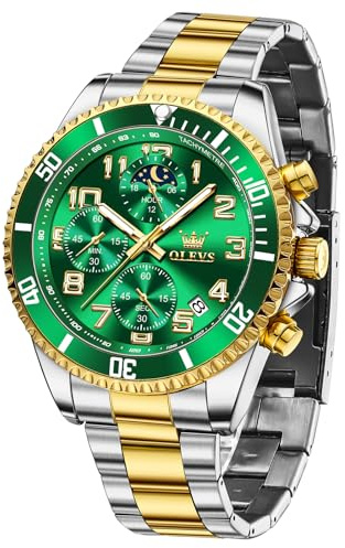 OLEVS Herrenuhren Silber Edelstahl Analog Groß Uhr Grünes Zifferblatt Herren Leuchtend Mondphase Chronograph Armbanduhr Herren Wasserdicht Arabische Ziffern Uhren für Männer mit Datumsanzeig