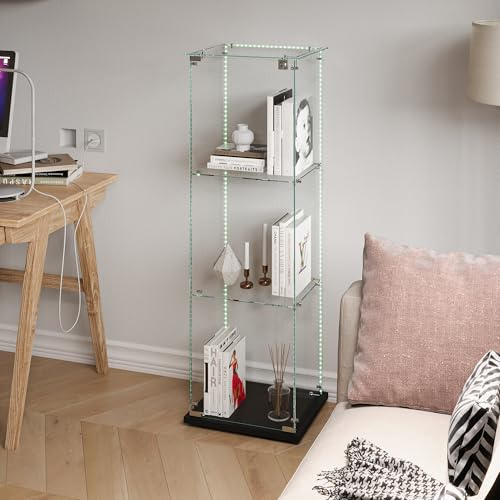 HNOUER Vetrina in vetro con illuminazione a LED e rotelle, vetrina da collezione con 4 livelli, per soggiorno, camera da letto (3 livelli, 1 porta, nero)