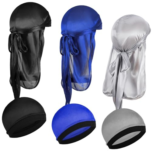 KFHENSOMR 6 Pcs Kids Silky Durag with Wave Caps Set Kids Polyester Durags Head Wrap Unisex Baby Durags Long Tail and Wide Strap Headwraps Turban Beanies for Boy Toddler Girls (Black, Blue, Silver)