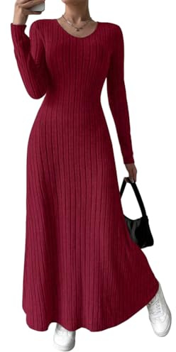 shownicer Robe Pull Femmes Casual Manches Longues Couleur Unie Tricot Maxi Dress Automne Hiver A Vin Rouge XS