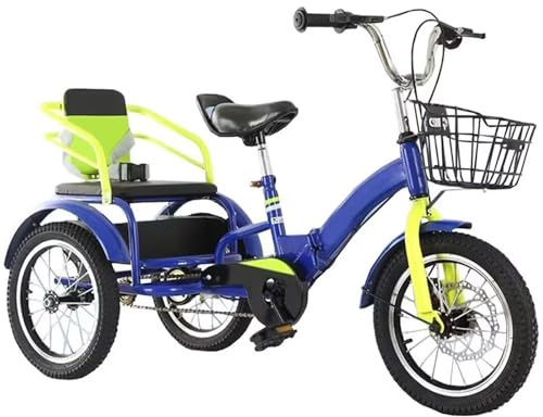 Pedalcykel med dubbla bromsar, skivbroms, passagerarsäte bak med bälte, trehjulig trehjuling för fritidscykling, motion, utomhuspicknick, hopfällbar trehjuling