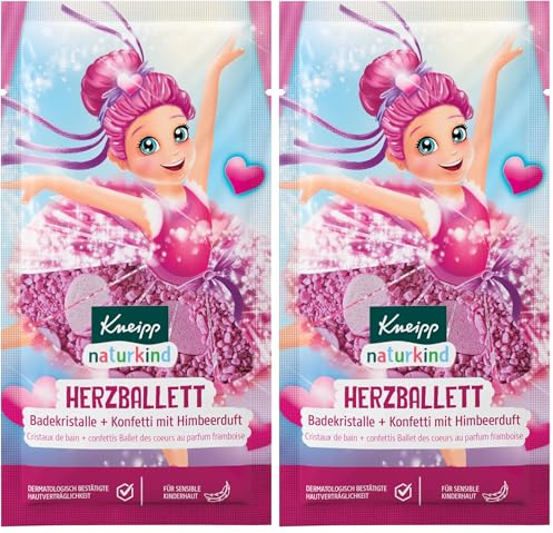 Kneipp naturkind Badekristalle + Konfetti Herzballett - Badezusatz mit Himbeerduft - Für sensible Kinderhaut - 40g (Packung mit 2)