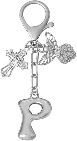 Snylcce Porte-clés initiale d'ange avec pendentif en forme de croix – Breloque de sac à lettres dorées personnalisées pour femme, cadeau spirituel, joli sac à main et accessoires de sac à main
