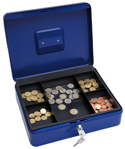WEDO 145403X Geldkassette aus pulverbeschichtetem Stahl, versenkbarer Griff, 5-Fächer-Münzeinsatz, Sicherheits-Zylinderschloss, 30 x 24 x 9 cm, Blau