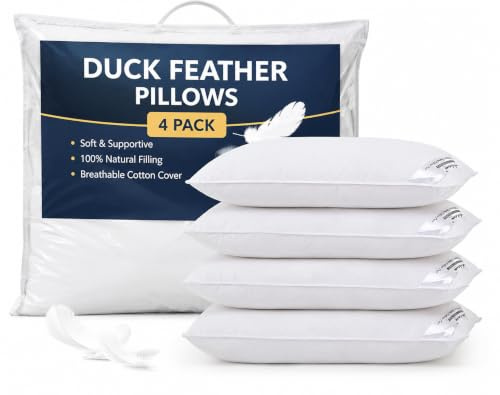 Adam Home Duck Feather Pillows 4 Pack Hotel Quality (Standard Size) - Luxury Down Pillows Extra Soft Filling Filled in 100% Cotton Cover (White, 48 * 74)