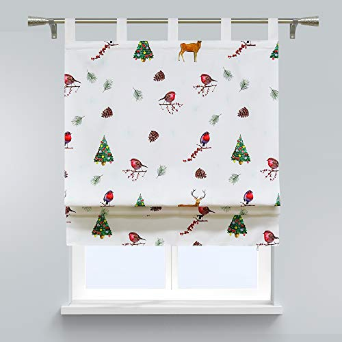 SCHOAL Raffrollo mit Schlaufen Blickdichtes Schlaufenrollo mit Weihnachtsdruck Mikrofaser Raffgardine für Kleinfenster HxB 140x120 cm Tannenbaum