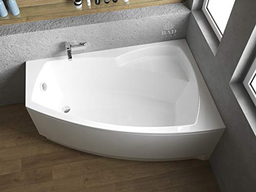 BADLAND Badewanne Original Weiß Acryl Wanne Eckbadewanne FRIDA 140x90 Links KOMPLETTSET SET mit Weiß Acrylschürze + Füßen und Exklusive Chrom Automatik Ablaufgarnitur Made in EU 4in1