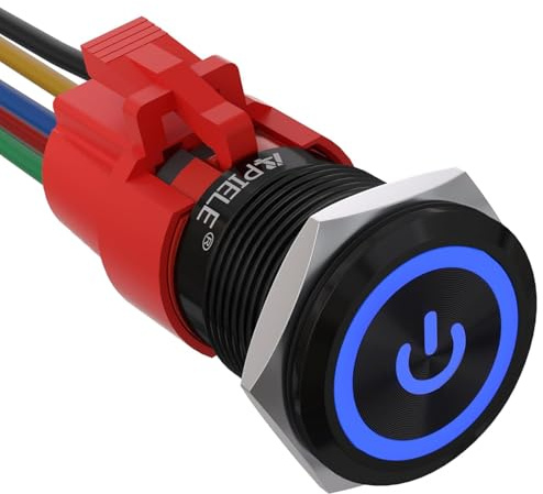 APIELE Pulsante di blocco 19 mm 12 V DC 5 A in lega di alluminio con simbolo di potenza LED impermeabile, interruttore a pulsante on/off (custodia nera/blu)