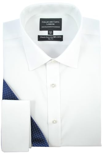 Men's Long Sleeve Twill Shirt - 100% Cotton - Ultimate Easy Iron - Fit Guaranteed - Business Formal Smart Casual - White Shirts for Men - Slim Fit, Double Cuff - Plain Pattern - WS 16
