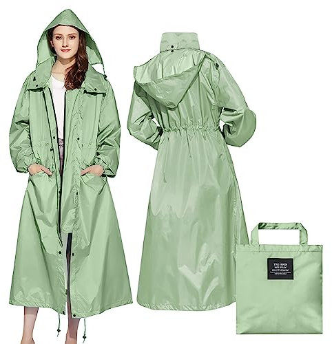 LAMA Stilvoller Langer Regenponcho Unisex Regenmantel mit wasserdichte Pattentasche Kapuze Tunnelzug Erwachsene Regenbekleidung Regencape Regenjacke Raincoat Regenschutzbekleidung Damen, Grün XL