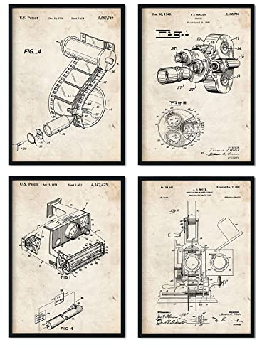 Nacnic Fotografie Patent Poster 4er-Set. Vintage Stil Wanddekoration Abbildung von Kamera und Alte Erfindungen. Verschiedene geometrische Fischen Bilder mit Rahmen. Größe A4.
