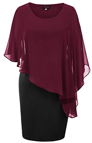 Hanna Nikole Damen Stretchy Midikleid Hips Wrapped Wickelkleid Weinrot + Schwarz XXL Große Größen