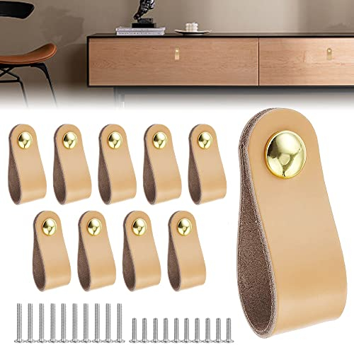QINERSAW 10 Pcs Maniglie in Pelle per Mobili, Maniglie in Pelle per Armadi, Manico per Mobili in Pelle, Pomelli in Pelle per Cassetti con 20 Viti per Decorazione Di Mobili per Cucina Camera da Letto
