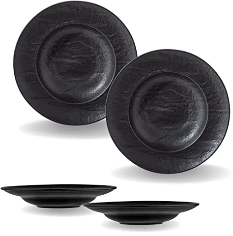 Wilmax - Ciotole profonde - 2 pezzi 25,5 cm / 350 ml - Piatti da pasta neri - Texture pietra naturale - Per pasta, zuppe, insalate, piatti principali - Piatto da zuppa resistente ai graffi