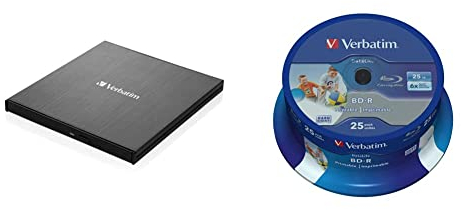 Verbatim Externer Slimline Bluray Writer mit USB 3.2-Kabel, externer DVD und Bluray Brenner, Bluray Player & DVD Drive für Wiedergabe in Ultra HD 4K, inkl. 25er Spindel Datalife Blu-ray 25GB