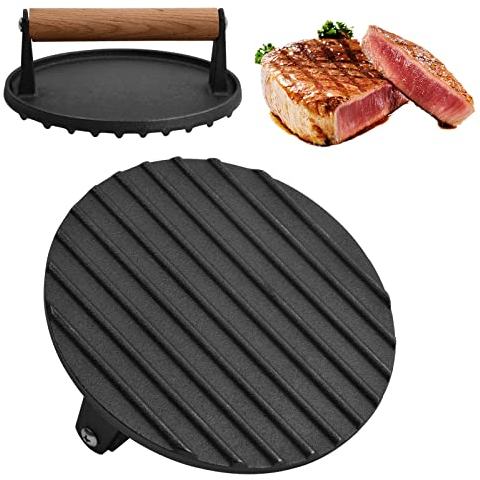 Vesaneae Presse à Hamburger en Fonte avec Poignée en Bois, Presse à Steak en Fonte Robuste, Presse à Viande Antiadhésive pour Burgers, Galettes, Barbecue, pour Gril Plat, Plaque en Fonte ou Poêle