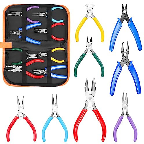 Keadic 8Pcs 4.5” Jewelry Pliers Set Includes Round Nose, Needle, Bent, Wire Cutters, Crimping, Nylon, End Nippers, Bail Making Pliers