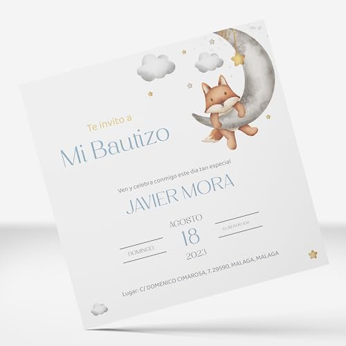 PRINT STAMP LOVE Invitaciones Personalizadas y Recordatorios Bautizo Niño y Niña de 15x15cm | Personaliza Nombre, Fecha y Texto | Tarjeta para Invitados - Elige entre 4 Modelos (Modelo 3)