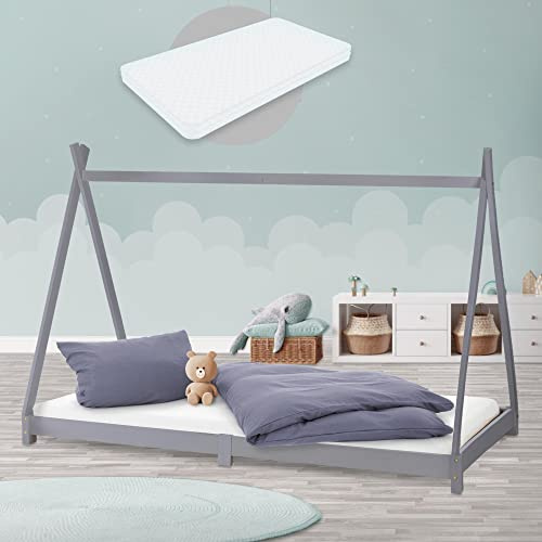 ML-Design Barnsäng Tipi 90x200 cm Ljusgrå Med Madrass H: 16cm & Spjälram, Indisk Säng Massivt Trä, Furuträ, Flickor/Pojkar Hus, Barnhus Ungdomssäng Träbädd Lekbädd Tält