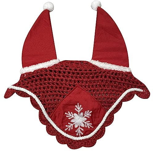 Horses Bonnet anti-mouches Christmas Fluffi PonPon Rouge COB pour chevaux, léger et respirant, tissu doux et élastique, protège le cheval de la chaleur et des insectes