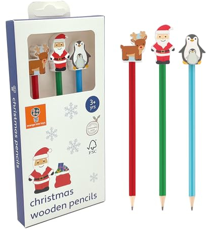 Orange Tree Toys 3 x Christmas Novelty Pencils for Kids - Wooden Kids Pencils, Funky Pencils for Children - Bulk Pencils for Party Bags, Easy Grip Pencils for Kids, Toddlers, Pack of Pencils