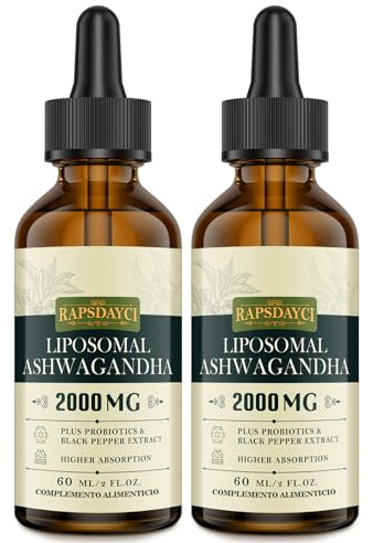 2000 mg Gouttes d'Ashwagandha Liposomales, 7% de Withanolides, Extrait pur de racine d'Ashwagandha Haute Résistance, Concentration 5X, Absorption Plus Rapide Que Les Gélules, 60 ml (Lot de 2)
